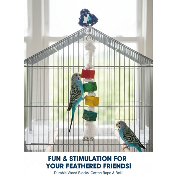 Pets Club Natural Wooden Hanging Bird Toy 27 cm – Colorful Wooden Block & Rope Cage Toy with Bell for Budgies, Parakeets, Cockatiels & Small to Medium Pet Birds | Chewing, Climbing, Mental Stimulation & Boredom Relief Enrichment Toy