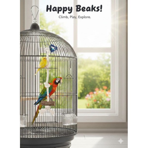 Pets Club Natural Wooden Bird Toy H-39 cm x W-10 cm – Hanging Rope Perch & Climbing Toy for Parrots, Parakeets, Canaries | Cotton Rope, Wooden Blocks, Cage Swing & Play Accessory