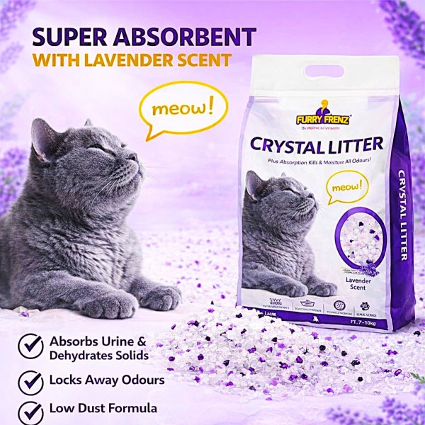 FURRY FRENZ Crystal Cat Litter 7L (3kg) x 2 Pack – Total 14L (6kg) | Silica Gel Cat Litter for Kittens & Adult Cats | Lavender Scent | High Absorbency & Odour Control