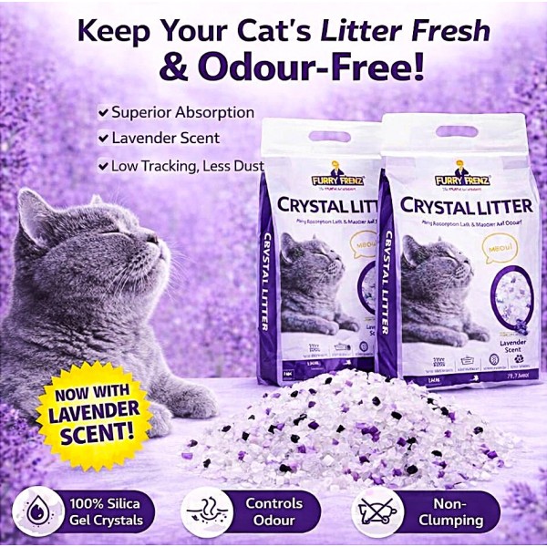 FURRY FRENZ Crystal Cat Litter 7L (3kg) x 2 Pack – Total 14L (6kg) | Silica Gel Cat Litter for Kittens & Adult Cats | Lavender Scent | High Absorbency & Odour Control