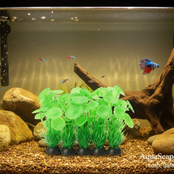 Aquarium Plastic Plant P304 W2.5×H10 cm – Artificial Green Aquarium Plants with Ceramic Base, Fish-Safe Decoration for Freshwater & Saltwater Tanks (10 Pcs/Pack)