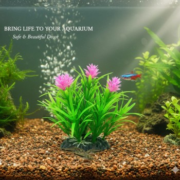Aquarium Plastic Plant Decoration M411 – Lanshuixing Artificial Aquarium Plant W7 × H13 cm | Fish-Safe Plastic, Weighted Base, Non-Fading Green & Pink Foliage | Freshwater & Saltwater Tank Décor, Low-Maintenance Aquarium Ornament