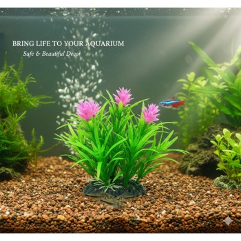 Aquarium Plastic Plant Decoration M411 – Lanshuixing Artificial Aquarium Plant W7 × H13 cm | Fish-Safe Plastic, Weighted Base, Non-Fading Green & Pink Foliage | Freshwater & Saltwater Tank Décor, Low-Maintenance Aquarium Ornament