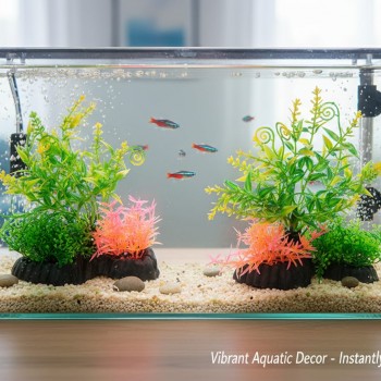 Aquarium Plastic Plant M516 – 2 Pcs Pack | Artificial Fish Tank Decoration, Non-Toxic Durable Plastic, Ceramic Base, Freshwater & Saltwater Safe, Low-Maintenance Hiding Spots for Fish, Vibrant Green & Pink Aquarium Landscaping