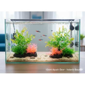 Aquarium Plastic Plant M516 – 2 Pcs Pack | Artificial Fish Tank Decoration, Non-Toxic Durable Plastic, Ceramic Base, Freshwater & Saltwater Safe, Low-Maintenance Hiding Spots for Fish, Vibrant Green & Pink Aquarium Landscaping