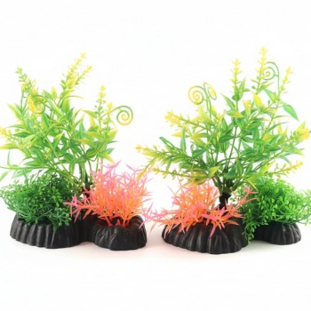 Aquarium Plastic Plant M516 – 2 Pcs Pack | Artificial Fish Tank Decoration, Non-Toxic Durable Plastic, Ceramic Base, Freshwater & Saltwater Safe, Low-Maintenance Hiding Spots for Fish, Vibrant Green & Pink Aquarium Landscaping