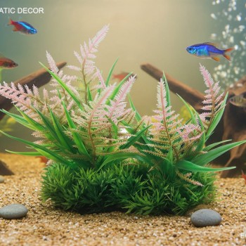 Artificial Aquarium Fern Ornament – M670-W15 X H17 Cm, Lifelike Green & Red Plastic Plant with Weighted Ceramic Base, Fish-Safe Decoration for Freshwater & Saltwater Tanks