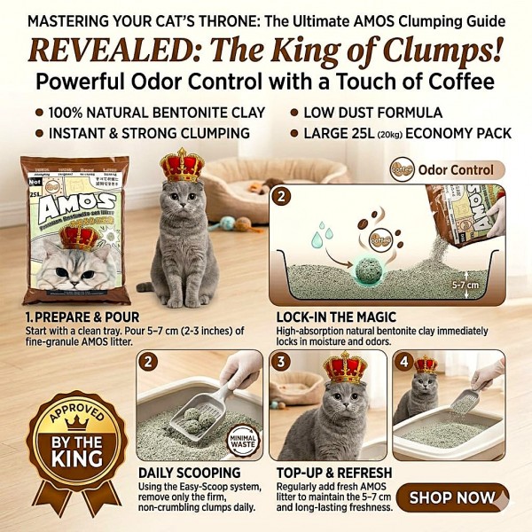 AMOS Premium Bentonite Cat Litter Coffee Scented 25L (20kg) – 100% Clumping, Dust Free, Strong Odor Control, Easy Scoop, Long Lasting Cat Litter for All Cats, High Absorption Natural Cat Sand