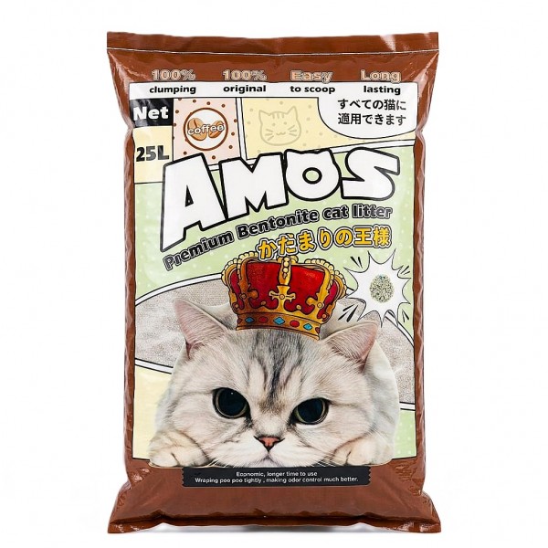 AMOS Premium Bentonite Cat Litter Coffee Scented 25L (20kg) – 100% Clumping, Dust Free, Strong Odor Control, Easy Scoop, Long Lasting Cat Litter for All Cats, High Absorption Natural Cat Sand