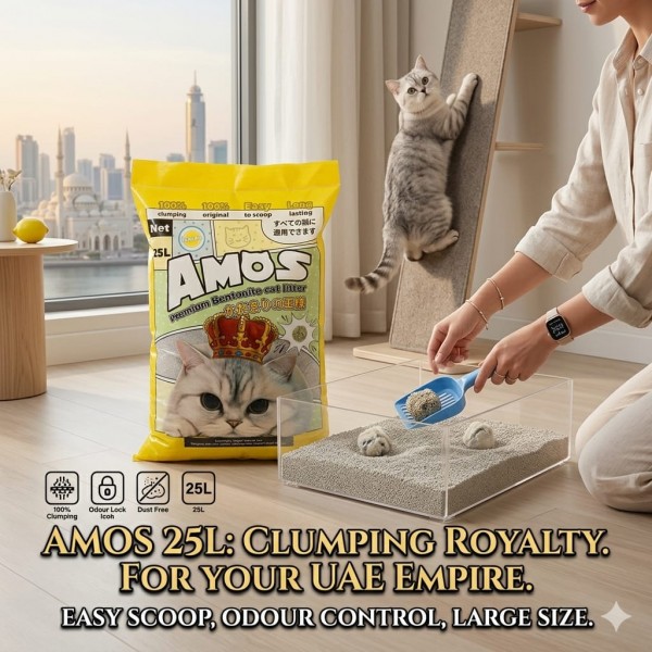 AMOS Premium Bentonite Cat Litter Lemon Scented 25L (20kg) – 100% Clumping, Dust Free, Strong Odour Control, Easy Scoop, Long Lasting Cat Sand for All Cats