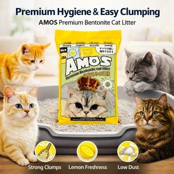 AMOS Premium Bentonite Cat Litter Lemon Scented 25L (20kg) – 100% Clumping, Dust Free, Strong Odour Control, Easy Scoop, Long Lasting Cat Sand for All Cats