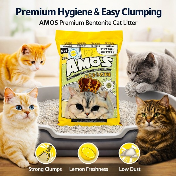 AMOS Premium Bentonite Cat Litter Lemon Scented 25L (20kg) – 100% Clumping, Dust Free, Strong Odour Control, Easy Scoop, Long Lasting Cat Sand for All Cats