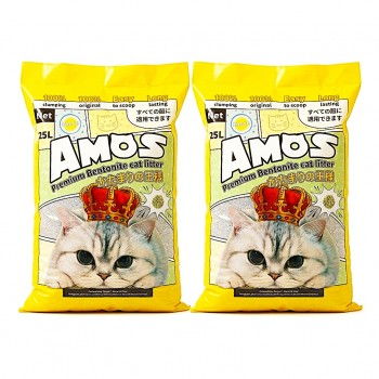 AMOS Lemon Scented Cat Litter 50L (2 x 25L, 40kg) – Strong Clumping, Odor Control, Dust Free, Easy Scoop Natural Bentonite Cat Sand – Long Lasting Bulk Pack for All Cats