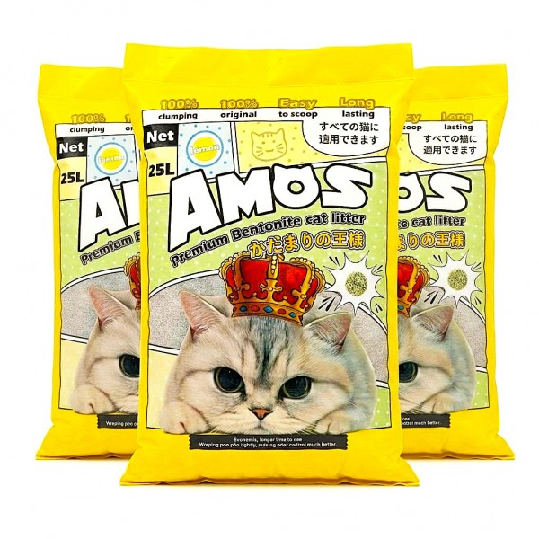 AMOS Lemon Scented Cat Litter 75L (3 x 25L, 60kg) – Strong Clumping, Odor Control, Dust Free Natural Bentonite Cat Sand – Easy Scoop, Long Lasting Bulk Value Pack for All Cats