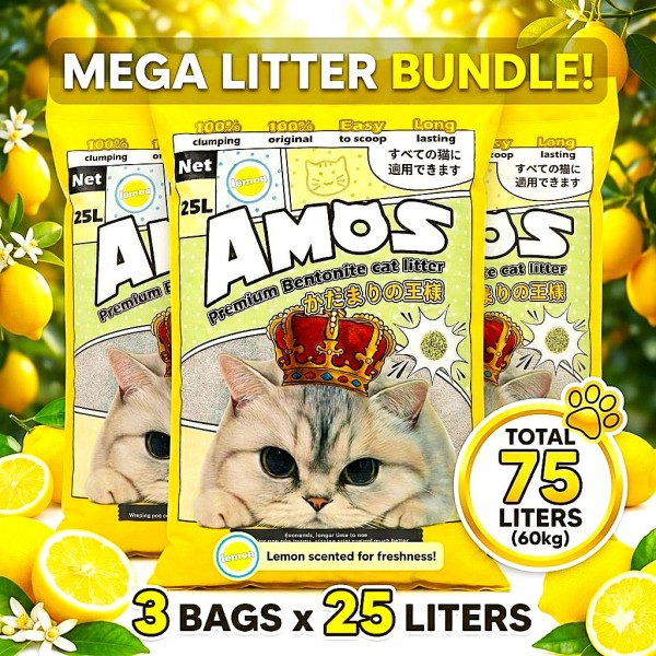 AMOS Lemon Scented Cat Litter 75L (3 x 25L, 60kg) – Strong Clumping, Odor Control, Dust Free Natural Bentonite Cat Sand – Easy Scoop, Long Lasting Bulk Value Pack for All Cats
