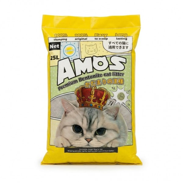 AMOS Premium Bentonite Cat Litter Lemon Scented 25L (20kg) – 100% Clumping, Dust Free, Strong Odour Control, Easy Scoop, Long Lasting Cat Sand for All Cats