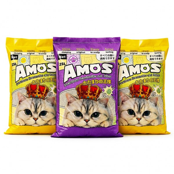 AMOS Premium Bentonite Cat Litter Combo Pack 75L (3 x 25L, 60kg) – 2 Lemon + 1 Lavender Scented – Strong Clumping, Odor Control, Dust Free Natural Cat Sand – Easy Scoop, Long Lasting Bulk Pack for All Cats