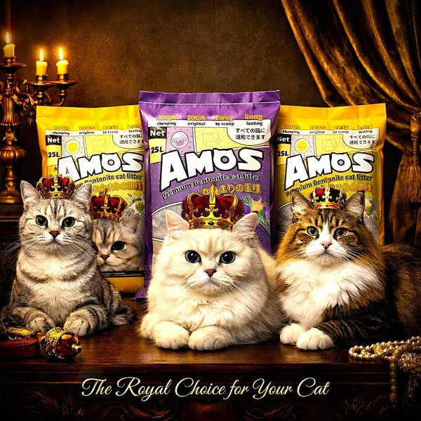 AMOS Premium Bentonite Cat Litter Combo Pack 75L (3 x 25L, 60kg) – 2 Lemon + 1 Lavender Scented – Strong Clumping, Odor Control, Dust Free Natural Cat Sand – Easy Scoop, Long Lasting Bulk Pack for All Cats