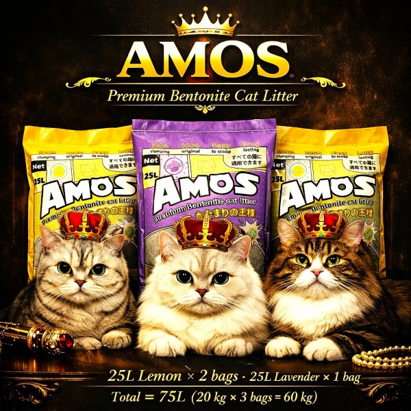 AMOS Premium Bentonite Cat Litter Combo Pack 75L (3 x 25L, 60kg) – 2 Lemon + 1 Lavender Scented – Strong Clumping, Odor Control, Dust Free Natural Cat Sand – Easy Scoop, Long Lasting Bulk Pack for All Cats AMOS Premium Bentonite Cat Litter Combo Pack 75L (3 x 25L, 60kg) – 2 Lemon + 1 Lavender Scented – Strong Clumping, Odor Control, Dust Free Natural Cat Sand – Easy Scoop, Long Lasting Bulk Pack for All Cats