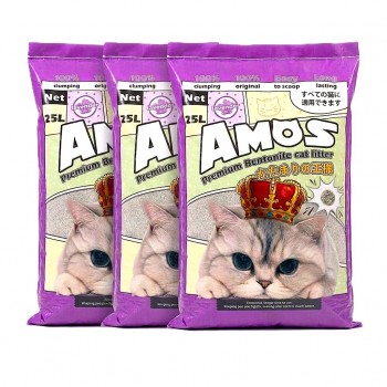 AMOS Lavender Scented Cat Litter 75L (3 x 25L, 60kg) – Strong Clumping, Odor Control, Dust Free Natural Bentonite Cat Sand – Easy Scoop, Long Lasting Bulk Value Pack for All Cats