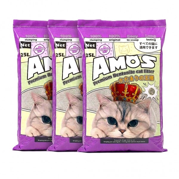 AMOS Lavender Scented Cat Litter 75L (3 x 25L, 60kg) – Strong Clumping, Odor Control, Dust Free Natural Bentonite Cat Sand – Easy Scoop, Long Lasting Bulk Value Pack for All Cats