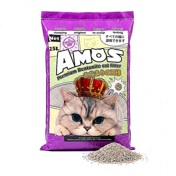 AMOS Premium Bentonite Cat Litter Lavender Scented 25L (20kg) – 100% Clumping, Dust Free, Strong Odor Control, Easy Scoop, Long Lasting Cat Litter for All Cats