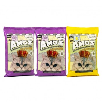 AMOS Premium Bentonite Cat Litter Combo Pack 75L (3 x 25L, 60kg) – 2 Lavender + 1 Lemon Scented – Strong Clumping, Odor Control, Dust Free Natural Cat Sand – Easy Scoop, Long Lasting Bulk Pack for All Cats