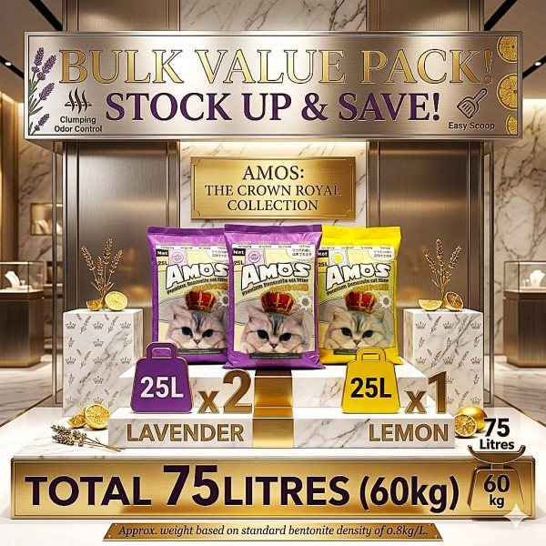 AMOS Premium Bentonite Cat Litter Combo Pack 75L (3 x 25L, 60kg) – 2 Lavender + 1 Lemon Scented – Strong Clumping, Odor Control, Dust Free Natural Cat Sand – Easy Scoop, Long Lasting Bulk Pack for All Cats