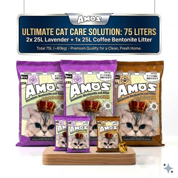 AMOS Premium Bentonite Cat Litter Combo Pack 75L (3 x 25L, 60kg) – 2 Lavender + 1 Coffee Scented – Strong Clumping, Odor Control, Dust Free Natural Cat Sand – Easy Scoop, Long Lasting Bulk Pack for All Cats