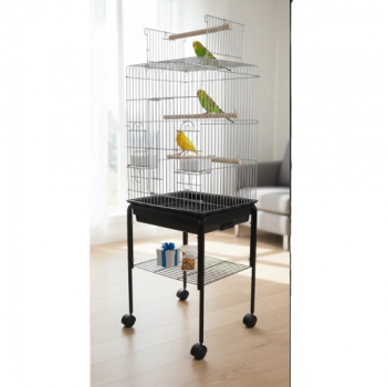 Large Chrome Open-Top Bird Cage with Rolling Stand, 145cm Height, Metal Cage with Perches, Feeders & Pull-Out Tray – For Cockatiel, Budgerigar, Parakeet & Small to Medium Birds | Model 1033