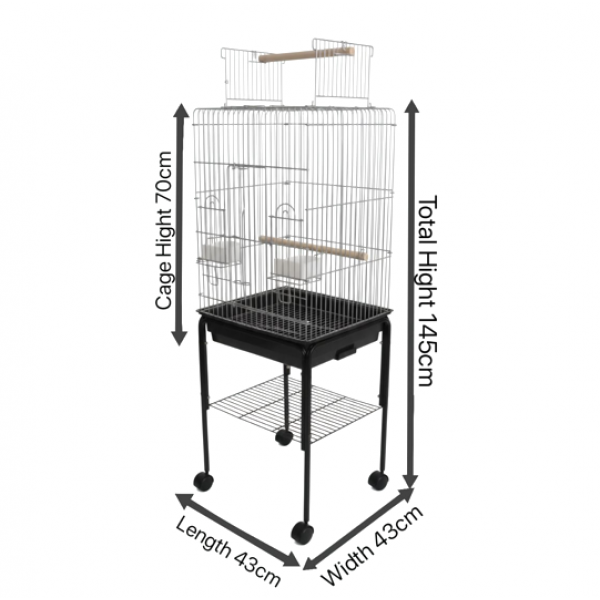 Large Chrome Open-Top Bird Cage with Rolling Stand, 145cm Height, Metal Cage with Perches, Feeders & Pull-Out Tray – For Cockatiel, Budgerigar, Parakeet & Small to Medium Birds | Model 1033