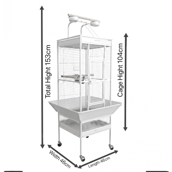 High Quality Tropical White Metal Playtop Bird Cage with Rolling Stand, Open Play Area, Stainless Steel Cups & Secure Lock – Model 2100-1, 46x46x153 CM