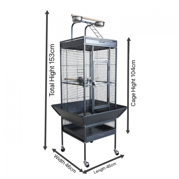 High Quality Tropical Black Metal Playtop Bird Cage with Rolling Stand, Open Play Area, Stainless Steel Cups & Secure Lock – Model 2100-1, 46x46x153 CM