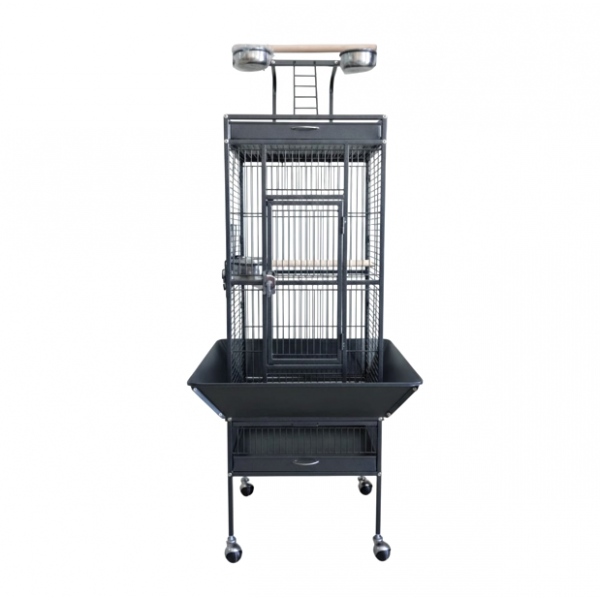 High Quality Tropical Black Metal Playtop Bird Cage with Rolling Stand, Open Play Area, Stainless Steel Cups & Secure Lock – Model 2100-1, 46x46x153 CM