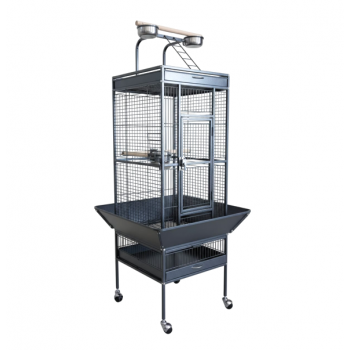 High Quality Tropical Black Metal Playtop Bird Cage with Rolling Stand, Open Play Area, Stainless Steel Cups & Secure Lock – Model 2100-1, 46x46x153 CM