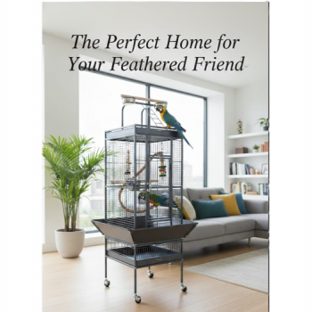 High Quality Tropical Black Metal Playtop Bird Cage with Rolling Stand, Open Play Area, Stainless Steel Cups & Secure Lock – Model 2100-1, 46x46x153 CM