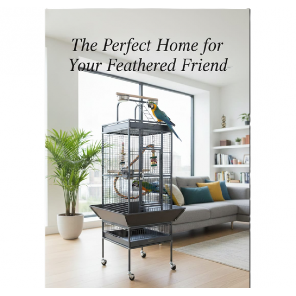 High Quality Tropical Black Metal Playtop Bird Cage with Rolling Stand, Open Play Area, Stainless Steel Cups & Secure Lock – Model 2100-1, 46x46x153 CM