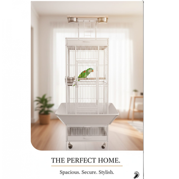 High Quality Tropical White Metal Playtop Bird Cage with Rolling Stand, Open Play Area, Stainless Steel Cups & Secure Lock – Model 2100-1, 46x46x153 CM High Quality Tropical White Metal Playtop Bird Cage with Rolling Stand, Open Play Area, Stainless Steel Cups & Secure Lock – Model 2100-1, 46x46x153 CM