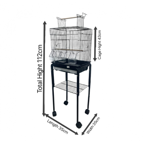 Open Play Top Rolling Bird Cage with Stand for Canaries, Finches & Budgies, 35×35×112 cm Black Metal Cage with Detachable Design, Storage Shelf & Wheels – Model 3015F-B