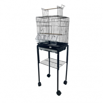 Open Play Top Rolling Bird Cage with Stand for Canaries, Finches & Budgies, 35×35×112 cm Black Metal Cage with Detachable Design, Storage Shelf & Wheels – Model 3015F-B