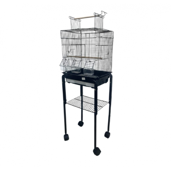 Open Play Top Rolling Bird Cage with Stand for Canaries, Finches & Budgies, 35×35×112 cm Black Metal Cage with Detachable Design, Storage Shelf & Wheels – Model 3015F-B
