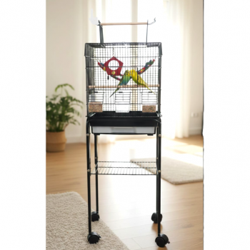 Open Play Top Rolling Bird Cage with Stand for Canaries, Finches & Budgies, 35×35×112 cm Black Metal Cage with Detachable Design, Storage Shelf & Wheels – Model 3015F-B