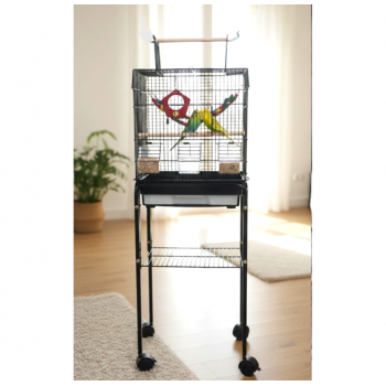 Open Play Top Rolling Bird Cage with Stand for Canaries, Finches & Budgies, 35×35×112 cm Black Metal Cage with Detachable Design, Storage Shelf & Wheels – Model 3015F-B