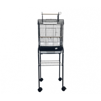 Open Play Top Rolling Bird Cage with Stand for Canaries, Finches & Budgies, 35×35×112 cm Black Metal Cage with Detachable Design, Storage Shelf & Wheels – Model 3015F-B