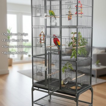 Extra Large Black Wrought Iron Bird Cage with Rolling Stand, 177 cm Tall Multi-Level Flight Cage, Storage Shelf, Pull-Out Trays & Multi-Access Doors for Small to Medium Birds – 5005A