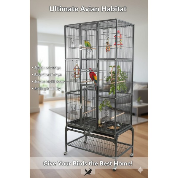 Extra Large Black Wrought Iron Bird Cage with Rolling Stand, 177 cm Tall Multi-Level Flight Cage, Storage Shelf, Pull-Out Trays & Multi-Access Doors for Small to Medium Birds – 5005A