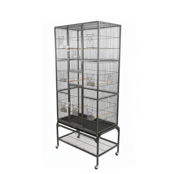 Extra Large Black Wrought Iron Bird Cage with Rolling Stand, 177 cm Tall Multi-Level Flight Cage, Storage Shelf, Pull-Out Trays & Multi-Access Doors for Small to Medium Birds – 5005A