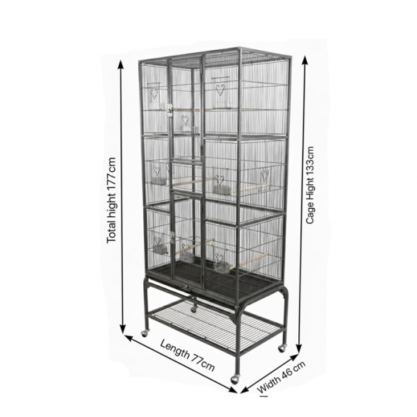 Extra Large Black Wrought Iron Bird Cage with Rolling Stand, 177 cm Tall Multi-Level Flight Cage, Storage Shelf, Pull-Out Trays & Multi-Access Doors for Small to Medium Birds – 5005A
