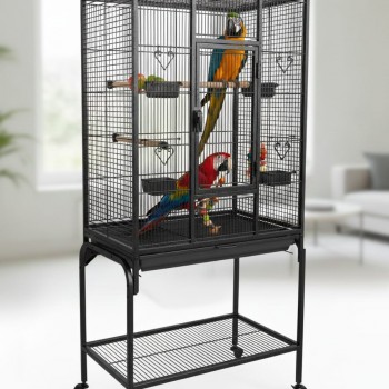 Large Black Metal Bird Cage with Stand & Storage Shelf (62×42 X138 cm), Rolling Casters, Play Top, Easy-Clean Tray for Small to Medium Birds – 5006A