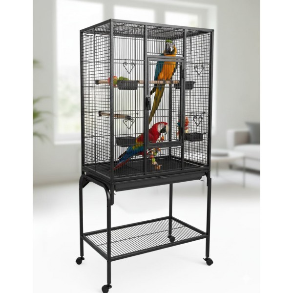 Large Black Metal Bird Cage with Stand & Storage Shelf (62×42 X138 cm), Rolling Casters, Play Top, Easy-Clean Tray for Small to Medium Birds – 5006A